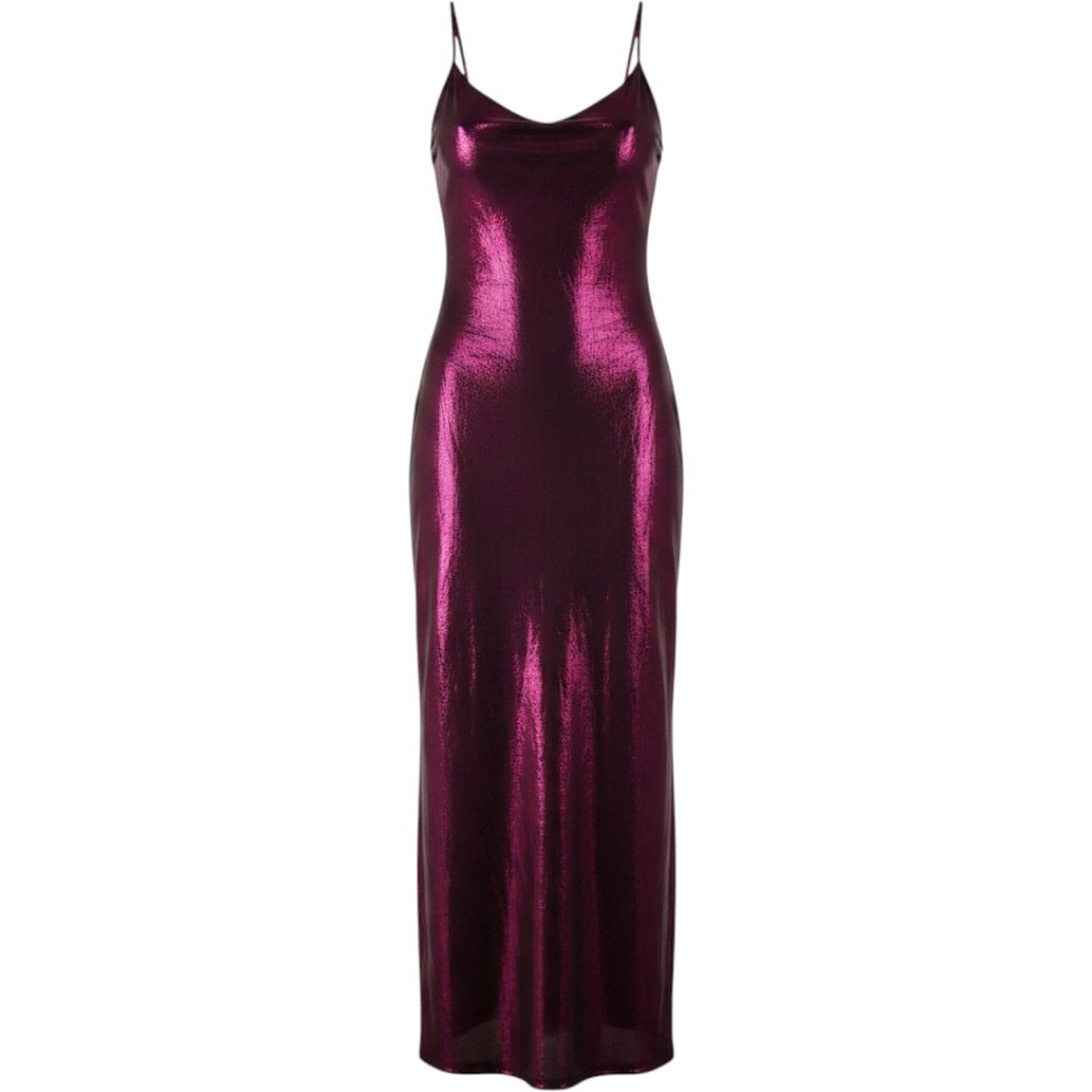 Metallic Fuchsia Maxi Dress Pink‎ Cowl Neck Spaghetti Strap Small Johnny Wujek